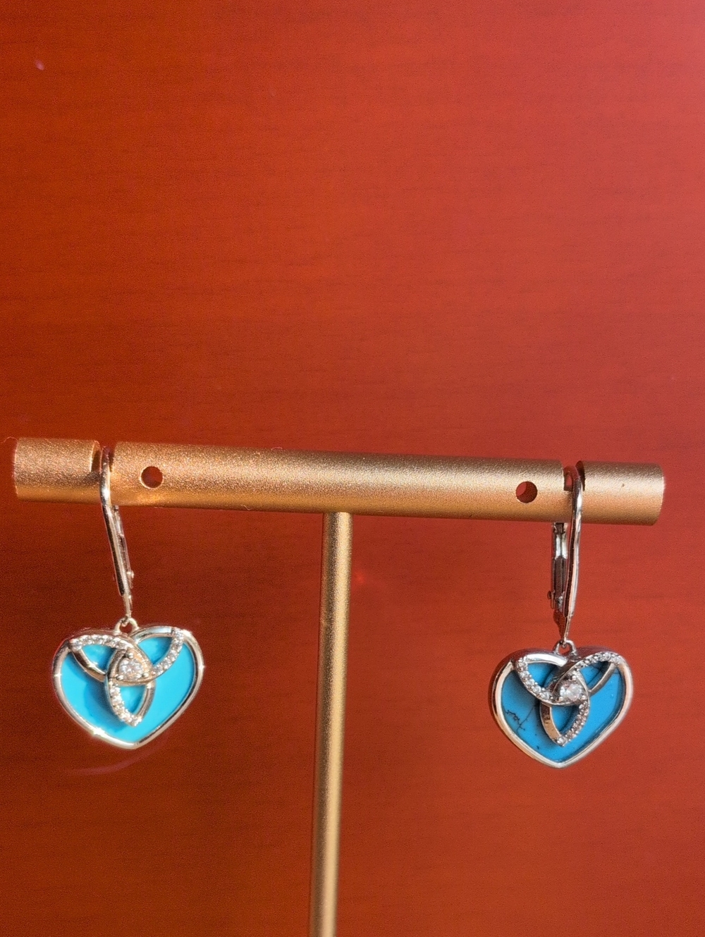 Sterling Silver Turquoise Heart Drop Earrings with  Celtic  Knot Accent